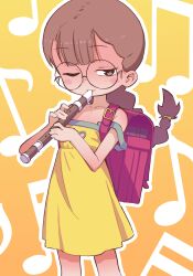 Rule 34 | 1girl, backpack, bag, bare shoulders, blush stickers, brown hair, clothing cutout, commentary, cowboy shot, dress, flute, glasses, gradient background, heart cutout, highres, holding, holding flute, holding instrument, instrument, looking at viewer, mesugaki (orenji), music, musical note, musical note background, one eye closed, orange background, orenji (orenjipiiru), original, playing instrument, randoseru, recorder, round eyewear, simple background, sleeveless, sleeveless dress, solo, standing, strap slip, yellow background, yellow dress