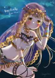 Rule 34 | 1girl, arabian clothes, armlet, artist name, artist request, bandeau, bare legs, bare shoulders, blush, bracelet, breasts, brown eyes, brown hair, choker, cleavage, cloud, collarbone, cross-laced clothes, cross-laced legwear, dancer, earrings, female focus, flower, grey hair, highres, jewelry, light brown hair, long hair, looking at viewer, love live!, love live! school idol festival, love live! school idol project, mayu (pixiv56659042), mayu illust, medium breasts, midriff, minami kotori, nail polish, nails, navel, necklace, night, night sky, outdoors, parted lips, purple flower, purple nails, purple skirt, ribbon-trimmed legwear, ribbon trim, see-through, skirt, sky, smile, solo, star (sky), thighlet, veil, yellow eyes