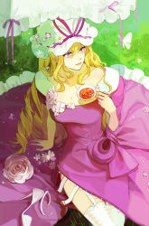 Rule 34 | 1girl, arm support, blonde hair, breasts, bug, butterfly, cleavage, closed mouth, collarbone, cup, dress, drill hair, expressionless, flower, frilled dress, frills, from above, grass, hair between eyes, hat, hat ribbon, high heels, highres, holding, holding cup, insect, its8b, light blush, lips, long hair, looking afar, mob cap, parasol, pink flower, purple dress, purple eyes, purple ribbon, ribbon, shade, sitting, solo, teacup, thigh strap, thighhighs, touhou, umbrella, very long hair, white butterfly, white flower, white hat, white thighhighs, yakumo yukari