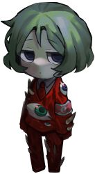 Rule 34 | absurdres, blouse, blue eyes, bone, chibi, closed mouth, coco (556ch0cl8), collared shirt, colored skin, employee (project moon), expressionless, eyeball, formal, full body, green hair, highres, jitome, lobotomy corporation, necktie, project moon, red necktie, red suit, shirt, short hair, simple background, standing, suit, transparent background, white shirt, white skin