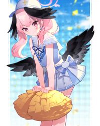 Rule 34 | 1girl, black wings, blue archive, blue background, blue ribbon, blue skirt, bow, cheerleader, closed mouth, cowboy shot, etomai, feathered wings, halo, head wings, heart, highres, holding, holding pom poms, koharu (blue archive), looking at viewer, low wings, medium hair, miniskirt, multiple wings, neck ribbon, off shoulder, pillarboxed, pink eyes, pink hair, pleated skirt, pom pom (cheerleading), pom poms, ribbon, sailor collar, skirt, sleeveless, solo, sticker on face, twintails, wavy mouth, white headwear, white sailor collar, wings