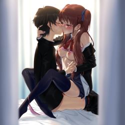 Rule 34 | 1boy, 1girl, absurdres, akazawa izumi, another, black hair, black jacket, blue skirt, blue thighhighs, blush, bow, bowtie, bra, breasts, brown eyes, brown hair, closed eyes, clothed sex, couple, french kiss, hetero, highres, holding hands, interlocked fingers, jacket, kiss, medium breasts, mochizuki yuuya, momihige, nipples, pink bra, red bow, red bowtie, school uniform, sex, skirt, straddling, thighhighs, twintails, underwear, upright straddle