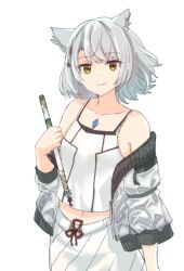 Rule 34 | 1girl, animal ear fluff, animal ears, bare shoulders, braid, brown eyes, camisole, closed mouth, collarbone, grey hair, grey jacket, hand up, highres, holding, jacket, long sleeves, looking at viewer, mio (xenoblade), mo equal pu, off shoulder, open clothes, open jacket, puffy long sleeves, puffy sleeves, short hair, simple background, skirt, smile, solo, white background, white camisole, white skirt, xenoblade chronicles (series), xenoblade chronicles 3
