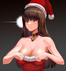 Rule 34 | 1girl, a1 (initial-g), bare shoulders, bell, black background, blunt bangs, breasts, brown collar, brown hair, cleavage, closed mouth, collar, collarbone, commentary, dress, expressionless, fur-trimmed dress, fur-trimmed headwear, fur trim, girls und panzer, gradient background, grey eyes, half-closed eyes, hands up, hat, jewelry, large breasts, long hair, looking to the side, mature female, neck bell, nishizumi shiho, red dress, red hat, ring, santa hat, solo, straight hair, strapless, strapless dress, upper body, wedding ring