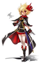 Rule 34 | 1girl, aiguillette, alternate costume, arikanrobo, black footwear, blonde hair, boots, full body, gloves, hair between eyes, hair ribbon, looking at viewer, red eyes, red ribbon, ribbon, rumia, sheath, sheathed, smile, solo, standing, sword, thighhighs, touhou, weapon, white gloves, white thighhighs