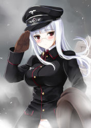 Rule 34 | 1girl, blush, glasses, gloves, hat, heidimarie w. schnaufer, kyogoku shin, military, military uniform, no pants, panties, peaked cap, red eyes, salute, silver hair, solo, strike witches, underwear, uniform, world witches series