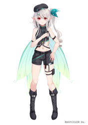 Rule 34 | 1girl, alternate hair color, armlet, bare shoulders, belt, beret, black belt, black footwear, black hat, black shorts, blush, boots, bow, closed mouth, copyright name, crop top, fairy wings, full body, green bow, green wings, grey hair, hair bow, hair ornament, hand in pocket, hat, holding, holding knife, holding weapon, knee boots, knife, kujou ichiso, long hair, looking at viewer, navel, nijisanji, nijisanji en, o-ring, official alternate costume, official alternate hair color, official art, pointy ears, pomu rainpuff, pomu rainpuff (3rd costume), ponytail, pouch, red eyes, shorts, side ponytail, simple background, sleeveless, smile, solo, tachi-e, thigh pouch, thigh strap, virtual youtuber, weapon, white background, wings, x hair ornament