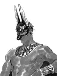 Rule 34 | 1boy, anubis (mythology), bracer, chengongzi123, closed mouth, dark-skinned male, dark skin, dog mask, egyptian clothes, greyscale, hand up, highres, humanization, looking to the side, male focus, monochrome, nipples, original, short hair, simple background, solo, toned, toned male, topless male, upper body, usekh collar, very short hair, white background