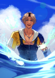 Rule 34 | 1boy, :d, absurdres, armor, belt, belt buckle, black belt, black overalls, black pants, blue eyes, blue sky, brown hair, buckle, chain necklace, cloud, collarbone, commentary request, cropped jacket, day, final fantasy, final fantasy x, final fantasy x-2, highres, hood, hood down, hooded jacket, in water, jacket, jewelry, lens flare, looking at viewer, male focus, multicolored hair, necklace, onimoti, open clothes, open jacket, open mouth, outdoors, overalls, pants, parted bangs, partially underwater shot, short hair, short sleeves, shoulder armor, sidelocks, sky, smile, solo, standing, teeth, tidus, upper teeth only, wading, water, yellow jacket, zipper