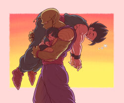 Rule 34 | 1girl, 2boys, antennae, biceps, black hair, black nails, black pants, black wristband, blue pants, blunt bangs, blush, blush stickers, boots, border, carrying, carrying over shoulder, closed eyes, closed mouth, colored skin, commentary request, cowboy shot, dougi, dragon ball, dragon ball super, dragon ball super super hero, father and daughter, fingerless gloves, fingernails, frown, gloves, green skin, koukyouji, multiple boys, muscular, muscular male, namekian, open mouth, outside border, pan (dragon ball), pants, piccolo, pink border, pointy ears, profile, purple pants, red footwear, red gloves, red sash, sash, serious, shirt, short hair, short sleeves, squeans, sleeping, smile, son gohan, spiked hair, sunset, t-shirt, u u, v-shaped eyebrows, wristband
