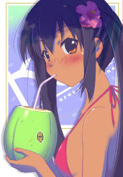 Rule 34 | absurdres, bikini, black hair, blush, brown eyes, coconut, covered erect nipples, drinking straw, flower, highres, k-on!, long hair, nakano azusa, r1, solo, swimsuit, tan, twintails