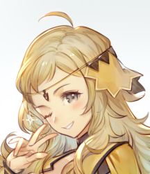 Rule 34 | 1girl, ahoge, blonde hair, circlet, diadem, facing viewer, fire emblem, fire emblem fates, fire emblem heroes, grey eyes, looking at viewer, nintendo, one eye closed, ophelia (fire emblem), portrait, simple background, smile, solo, sparkle, sparkling eyes, teeth, umiu geso, v, white background
