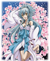 Rule 34 | 1girl, :d, arm up, bike shorts, black shorts, blue hair, brave 10, breasts, character request, cleavage, collarbone, detached sleeves, floating hair, flower, hair between eyes, hair ornament, hanzou, high ponytail, japanese clothes, kimono, leg up, long hair, long sleeves, medium breasts, open mouth, pink flower, shorts, smile, solo, standing, standing on one leg, very long hair, white kimono, wide sleeves, yellow eyes