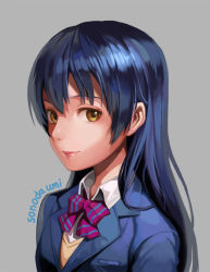 Rule 34 | 10s, 1girl, bad id, bad pixiv id, blazer, blue hair, bow, bowtie, brown eyes, grey background, jacket, lips, long hair, looking at viewer, love live!, love live! school idol project, school uniform, simple background, sl86, smile, solo, sonoda umi