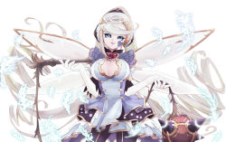 Rule 34 | 1girl, bad id, bad pixiv id, blue eyes, breasts, cleavage, dress, duel monster, elbow gloves, facial mark, facial tattoo, fairy wings, gloves, kotoha ako, large breasts, long hair, looking at viewer, silver hair, smile, solo, tattoo, trickstar holly angel, very long hair, wings, yu-gi-oh!, yu-gi-oh! vrains, yuu-gi-ou, yuu-gi-ou vrains