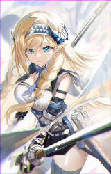 Rule 34 | 1girl, arknights, arm strap, bare shoulders, blonde hair, blue eyes, blue hairband, blue necktie, braid, breasts, commentary, cowboy shot, hair between eyes, hairband, highres, holding, holding sword, holding weapon, horns, large breasts, long hair, looking at viewer, necktie, pointy ears, pouch, saileach (arknights), shirt, smile, solo, standing, sword, thighhighs, thighs, twin braids, weapon, white shirt, yo-ba yo