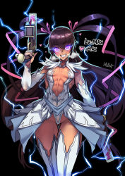 Rule 34 | 1girl, action taimanin, alternate color, black background, blue eyes, boots, breasts, breath, brown hair, center opening, cleavage cutout, clothing cutout, commentary request, covered erect nipples, covered navel, cowboy shot, curvy, detached sleeves, dual wielding, electricity, english text, flaming eye, glowing, glowing eyes, gun, heart, heavy breathing, highres, holding, holding gun, holding weapon, impossible clothes, impossible leotard, leotard, long hair, looking at viewer, mizuki yukikaze, official alternate costume, ryuusei (mark ii), signature, skirt, small breasts, solo, taimanin (series), taimanin suit, taimanin yukikaze, tan, teeth, thigh boots, twintails, veins, very long hair, weapon, wide hips