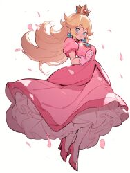 Rule 34 | 1girl, blonde hair, blue eyes, blue gemstone, breasts, brooch, cherry blossoms, clenched hand, closed mouth, crown, dress, earrings, eyelashes, full body, gem, gloves, hand up, highres, jewelry, long dress, long hair, looking at viewer, mario (series), medium breasts, meowersnow, nintendo, pink dress, pink footwear, princess, princess peach, puffy short sleeves, puffy sleeves, short sleeves, simple background, smile, solo, sphere earrings, super mario bros. 1, white background