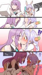 Rule 34 | !, !!, !?, 2girls, absurdres, animal ears, blonde hair, blue hair, blush, box, braid, breasts, brown eyes, carrot, coat, covering privates, covering breasts, don-chan (usada pekora), dress, english text, grabbing another&#039;s chin, gradient background, hand on another&#039;s chin, hand on another&#039;s shoulder, highres, holding, holding box, hololive, hololive fantasy, hololive indonesia, kiss, large breasts, leaning forward, long hair, looking at another, medium breasts, minecraft, moona hoshinova, multiple girls, nose blush, off-shoulder coat, off shoulder, parted lips, pickaxe, pompmaker1, purple background, purple hair, rabbit ears, rabbit girl, sidelocks, smile, tank top, twin braids, twintails, undressing, undressing another, usada kensetsu, usada pekora, very long hair, virtual youtuber, white background, white dress, yuri