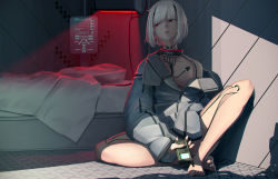 Rule 34 | 1girl, bob cut, collar, commentary, cyborg, english commentary, fxx, highres, holographic interface, original, red eyes, science fiction, short hair, sitting, solo, white hair