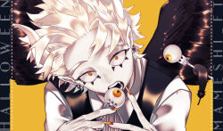 Rule 34 | 1boy, alternate hair color, black feathers, black wings, boku no hero academia, collared shirt, dotted line, earrings, eyeball, facepaint, facial mark, fangs, feathered wings, feathers, fingernails, floating, fork, gradient nails, halloween, hawks (boku no hero academia), head tilt, holding, holding fork, horns, jewelry, long fingernails, looking at viewer, macha@meshi, male focus, open mouth, orange nails, pale skin, pillarboxed, shiny clothes, shirt, short hair, simple background, solo, triangle, twitter username, upper body, waistcoat, white horns, white shirt, wings, yellow background, yellow eyes, yellow nails