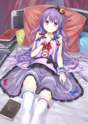 Rule 34 | 1girl, alternate costume, bed, blush, book, book stack, crescent, crescent hair ornament, gurasion (gurasion), hair ornament, hair ribbon, hairband, long hair, lying, no headwear, no headwear, on back, open mouth, patchouli knowledge, pillow, purple eyes, purple hair, ribbon, skirt, solo, thighhighs, touhou, white thighhighs, wrist cuffs