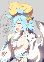 Rule 34 | &gt; &lt;, 1girl, :&lt;, :3, :d, animal ears, aura, ayanami (azur lane), azur lane, bell, bird, blue hair, blush, breasts, chibi, chibi inset, chick, creature, closed eyes, from side, fubuki (azur lane), fur trim, grey background, hair bell, hair ornament, hand on own hip, hand up, holding, holding sword, holding weapon, jingle bell, long sleeves, medium breasts, open mouth, sideboob, smile, supershiruco, sword, twitter username, weapon, wide sleeves