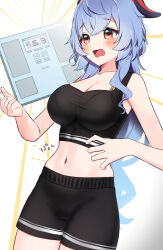 Rule 34 | 1girl, ahoge, alternate costume, black shirt, black shorts, blue hair, blush, bra, bra visible through clothes, breasts, censored, cleavage, crop top, ganyu (genshin impact), genshin impact, gym shirt, gym shorts, harupipipi4, highres, horns, large breasts, long hair, midriff, mosaic censoring, navel, open mouth, red eyes, shirt, shorts, solo, stomach, tears, underwear, weighing scale, weight conscious, yellow bra