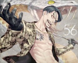 Rule 34 | 1boy, :d, abs, bare pectorals, birthday, black gloves, black hair, chain, character age, character name, chest tattoo, clenched hand, collarbone, collared jacket, commentary, dagger, dated, eyepatch, facial hair, fangs, fangs out, forehead, gloves, goatee, gold chain, grey background, happy, holding, holding dagger, holding knife, holding weapon, jacket, knife, leather, leather gloves, long sleeves, looking away, majima goro, male focus, mustache, navel, neckwear request, one eye covered, open clothes, open hand, open jacket, open mouth, outstretched arms, pectorals, print eyepatch, red eyes, ryuu ga gotoku (series), short hair, slit pupils, smile, snake, snakeskin print, solo, stomach, talgi, tattoo, teeth, toned, toned male, tongue, tongue out, v-shaped eyebrows, w arms, weapon, white snake, yellow eyes, yellow jacket