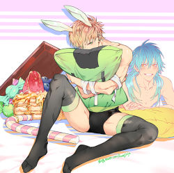 Rule 34 | 10s, 2boys, animal ears, arm support, bad id, bad pixiv id, bandages, black legwear, blonde hair, blue hair, blueberry, blush, candy, candy cane, chocolate, dramatical murder, earrings, food, fruit, funpjinju, green eyes, grin, jewelry, long hair, looking at viewer, lying, male focus, multiple boys, noiz (dramatical murder), nose piercing, hugging object, on stomach, pancake, piercing, pillow, pillow hug, rabbit ears, seragaki aoba, topless male, short hair, sitting, smile, spread legs, strawberry, syrup, thighhighs, yellow eyes