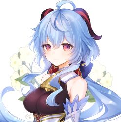 Rule 34 | 1girl, ahoge, bare shoulders, bell, blue hair, breasts, commentary request, detached sleeves, flower, ganyu (genshin impact), genshin impact, highres, horns, long hair, looking at viewer, medium breasts, midori (m ryokutya), neck bell, partial commentary, purple eyes, qingxin flower, sidelocks, signature, smile, solo, upper body, white flower, white sleeves