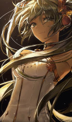 Rule 34 | 1girl, 400 (34236795), absurdres, arms at sides, backlighting, bare shoulders, breasts, close-up, closed mouth, dark background, dress, eyelashes, eyes visible through hair, facing viewer, floating hair, gold trim, green eyes, green hair, half-closed eyes, hatsune miku, headphones, highres, jewelry, light particles, light smile, long hair, medium breasts, miku symphony (vocaloid), neck ribbon, ribbon, sideways glance, simple background, solo, strapless, strapless dress, twintails, underboob, upper body, very long hair, vocaloid, white dress