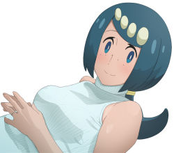 Rule 34 | 1girl, alternate costume, blue eyes, blue hair, blush, breasts, bright pupils, closed mouth, commentary request, creatures (company), freckles, game freak, jewelry, lana&#039;s mother (pokemon), long hair, looking at viewer, namidate, nintendo, no sclera, own hands together, pokemon, pokemon (anime), pokemon sm (anime), ring, simple background, sleeveless, sleeveless sweater, smile, solo, split mouth, steepled fingers, sweater, turtleneck, turtleneck sweater, upper body, white background, white pupils