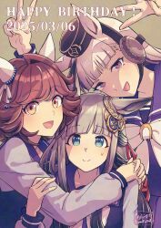 3girls animal_ears blue_eyes bow bowtie brown_hair brown_hat chrono_genesis_(umamusume) closed_mouth dated double_v ear_covers ear_ornament gold_ship_(umamusume) grey_hair haiseiko_(umamusume) happy_birthday hat head_tilt hi_(ibisf5umauma) highres horse_ears hug long_hair long_sleeves looking_at_viewer multiple_girls open_mouth orange_eyes pink_eyes purple_shirt sailor_collar school_uniform shirt short_hair simple_background smile sweatdrop tracen_school_uniform twitter_username umamusume upper_body v