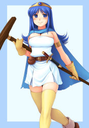 Rule 34 | 1girl, blue eyes, blue hair, blush, breasts, chunsoft, circlet, cleavage, dagger, dragon quest, dragon quest iii, enix, gloves, knife, large breasts, latex, latex gloves, long hair, matching hair/eyes, noise (tsuzuki), rubber gloves, sage (dq3), sheath, sheathed, smile, solo, square enix, staff, thighhighs, weapon, zettai ryouiki