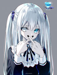 Rule 34 | black dress, black neckwear, chromatic aberration, closed mouth, covering own mouth, dress, grey background, heterochromia, kazunehaka, lolita fashion, long hair, long sleeves, looking at viewer, middle finger, original, simple background, solo, twintails, white hair, x fingers