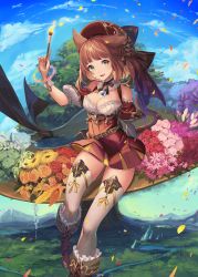 Rule 34 | 1girl, animal ears, bangle, bare shoulders, belt, blue sky, bow, bracelet, breasts, brown hair, cleavage, day, detached sleeves, fang, flower, green eyes, hat, hat bow, highres, jewelry, large breasts, medium breasts, medium hair, open mouth, original, outdoors, sky, solo, thighhighs, tree, white thighhighs, yu-ri (arium047)