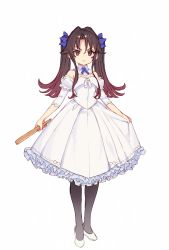 Rule 34 | 1girl, blue bow, bow, brown hair, closed mouth, detached sleeves, dress, folding fan, full body, gradient hair, grey pantyhose, hair bow, hand fan, highres, holding, holding fan, long hair, looking at viewer, multicolored hair, pantyhose, puffy detached sleeves, puffy short sleeves, puffy sleeves, red eyes, ryuuou no oshigoto!, shirabi, shoes, short sleeves, simple background, solo, twintails, white background, white dress, white footwear, yashajin ai
