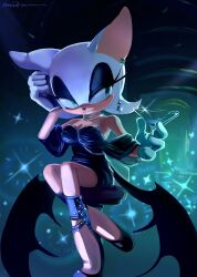 Rule 34 | 1girl, absurdres, alternate costume, artist name, bat wings, black dress, black footwear, cocktail glass, cup, dress, drinking glass, furry, furry female, gloves, highres, holding, holding cup, miitara, rouge the bat, solo, sonic (series), watermark, white gloves, wings