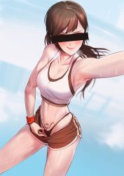 Rule 34 | 1girl, :q, absurdres, armpits, bad id, bad twitter id, bare shoulders, black panties, breath, brown hair, brown shorts, censored, clothes pull, collarbone, crop top, eyeshadow, halterneck, highleg, highleg panties, highres, identity censor, jin rou, looking at viewer, makeup, midriff, original, panties, ponytail, pubic tattoo, selfie, short shorts, shorts, shorts pull, solo, sports bra, sweatband, tattoo, tongue, tongue out, underwear, v-shaped eyebrows, wet
