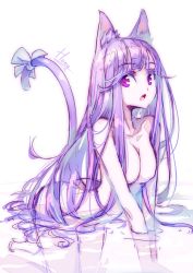 Rule 34 | 1girl, animal ears, artist name, bow, breasts, cat ears, cat tail, cleavage, colored eyelashes, fang, hong (white spider), large breasts, long hair, looking at viewer, nude, open mouth, original, partially submerged, colored eyelashes, pink eyes, pink hair, solo, tail, tail bow, tail ornament, water