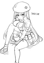 Rule 34 | 1girl, :o, arm between legs, arm pouch, belt pouch, beret, blush, collared shirt, cropped jacket, dated, gloves, goddess of victory: nikke, greyscale, hat, highres, knee up, long hair, looking at viewer, monochrome, necktie, parted lips, pouch, rapi (nikke), ririfu, shirt, simple background, sitting, solo, thighhighs, white background