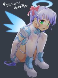 Rule 34 | 1girl, angel, angel wings, bad id, bad twitter id, blush, boots, bow, commentary request, cross, djibril aries, elbow gloves, full body, gem, gloves, glowing, glowing wings, green eyes, hair bow, halo, highres, jinno hikari, long hair, looking at viewer, makai tenshi djibril, makai tenshi djibril 2, oishii ishiwata, parted lips, purple hair, shin guards, shoulder pads, simple background, solo, squatting, swimsuit costume, thigh boots, thigh strap, thighhighs, thighlet, twintails, wings