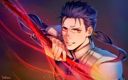Rule 34 | 1boy, anderain, angry, armor, artist name, beads, blue hair, cu chulainn (fate), cu chulainn (fate/stay night), earrings, fate/stay night, fate (series), gae bolg (fate), hair beads, hair ornament, highres, holding, holding weapon, jewelry, long hair, male focus, pauldrons, ponytail, red eyes, shoulder armor, slit pupils, solo, spiked hair, type-moon, weapon