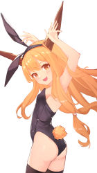 Rule 34 | 1girl, absurdres, animal ears, ass, black leotard, black thighhighs, blush, breasts, cowboy shot, fake animal ears, fake tail, fang, highres, horns, ibuki suika, leotard, long hair, oeyama, oni horns, open mouth, orange eyes, orange hair, rabbit ears, rabbit tail, simple background, skin fang, small breasts, smile, solo, strapless, strapless leotard, tail, thighhighs, touhou, white background