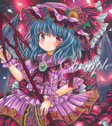 Rule 34 | 1girl, ascot, bat wings, black wings, blue hair, blush, center frills, closed mouth, floral print, flower, frilled hat, frilled ribbon, frilled shirt collar, frilled skirt, frills, green brooch, hat, hat ribbon, holding, holding polearm, holding weapon, leaf, looking at viewer, marker (medium), mob cap, orange brooch, pink flower, pink hat, pink rose, pink shirt, pink skirt, polearm, puffy short sleeves, puffy sleeves, red ascot, red background, red flower, red ribbon, red rose, remilia scarlet, ribbon, rose, rui (sugar3), sample watermark, shirt, short sleeves, skirt, solo, spear the gungnir, touhou, traditional media, watermark, weapon, wings