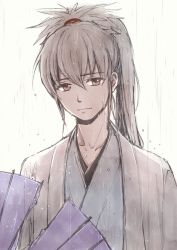 Rule 34 | 1boy, fire emblem, fire emblem fates, japanese clothes, looking at viewer, male focus, nintendo, rain, red eyes, smile, solo, standing in rain, takumi (fire emblem), water drop, white hair