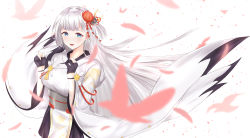 Rule 34 | 1girl, absurdres, azur lane, bird, black gloves, blue eyes, breasts, cleavage, gloves, hair ornament, highres, incredibly absurdres, japanese clothes, kimono, large breasts, long hair, looking at viewer, mole, mole under eye, open mouth, shoukaku (azur lane), silver hair, simple background, smile, solo, white background, woon