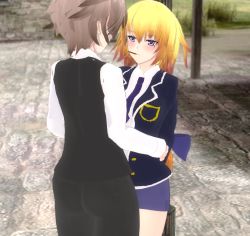 Rule 34 | 1boy, 1girl, ahoge, back, black pants, blonde hair, blush, braid, breasts, commentary, couple, face-to-face, fate/apocrypha, fate (series), food, hair ornament, hair ribbon, hands on another&#039;s waist, hetero, hug, jacket, jeanne d&#039;arc (fate), jeanne d&#039;arc (ruler) (fate), large breasts, long braid, long hair, long sleeves, looking at another, open clothes, open jacket, pants, pocky, pocky day, pocky kiss, purple eyes, purple jacket, purple ribbon, purple shorts, ribbon, sansei gomesu, shared food, shirt, short hair, short shorts, shorts, sieg (fate), single braid, thighs, uniform, very long hair, waistcoat, white shirt