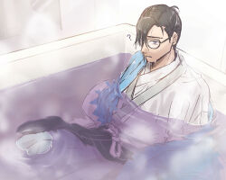Rule 34 | 1boy, ahoge, bathtub, black hair, black sash, blue jacket, confused, fate/grand order, fate (series), feet out of frame, glasses, grey hakama, hair over one eye, hair pulled back, hakama, haori, highres, jacket, japanese clothes, kimono, knee up, male focus, nemoppoi, off shoulder, parted lips, partially submerged, purple eyes, sash, short hair, sitting, solo, steam, water, wet, wet clothes, wet hair, white kimono, yamanami keisuke (fate)